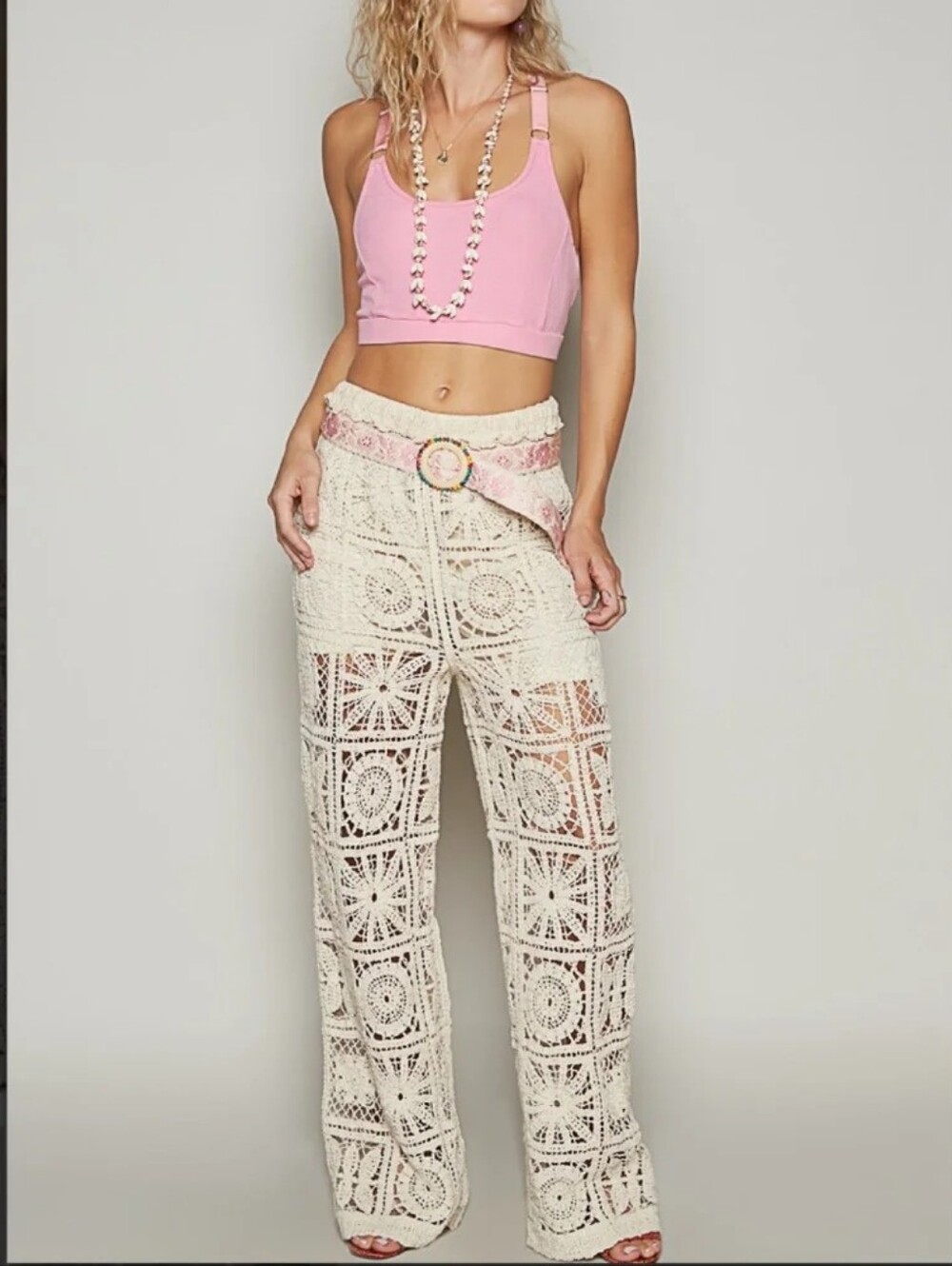 POL “Dianna 2“ Cream Crochet Straight Leg Pants One Size - Picture 3 of 7